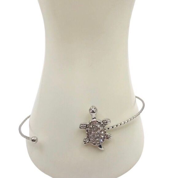 Silver Turtle Charm Dainty Cuff Bracelet - Picture 1 of 8